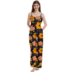 Retro 40s 50s Flowers Pattern Halloween 3 Spaghetti Top Long Pants Satin Pajamas Set