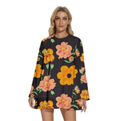 Retro 40s 50s Flowers Pattern Halloween 3 Round Neck Long Sleeve Bohemian Style Chiffon Mini Dress