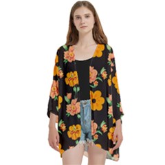 Retro 40s 50s Flowers Pattern Halloween 3 Open Front 3/4 Sleeve Batwing Chiffon Cardigan Kimono