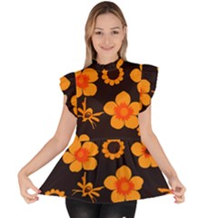Retro 40s 50s Flowers Pattern Halloween Ruffle Collar Short Sleeve Chiffon Top