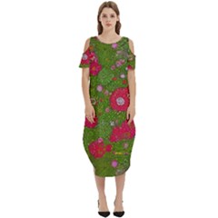 Mid Century Retro Floral 1970s 1960s Pattern 88 Cold Shoulder Loose Fit Dress With Pockets