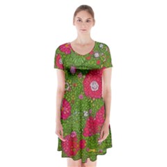 Mid Century Retro Floral 1970s 1960s Pattern 88 Short Sleeve V-neck Flare Dress
