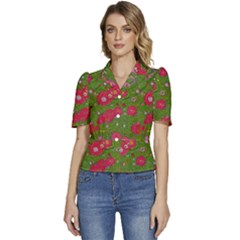 Mid Century Retro Floral 1970s 1960s Pattern 88 Puffed Short Sleeve Button Up Jacket