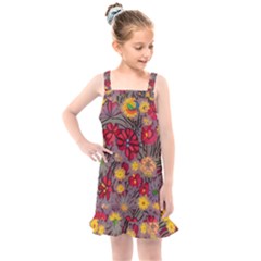 Mid Century Retro Floral 1970s 1960s Pattern 90 Kids  Overall Dress
