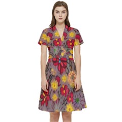Mid Century Retro Floral 1970s 1960s Pattern 90 Short Sleeve Waist Detail Dress