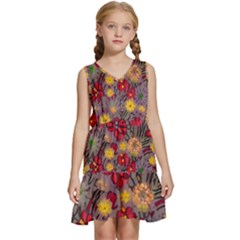 Mid Century Retro Floral 1970s 1960s Pattern 90 Kids  Sleeveless Tiered Mini Dress