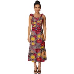 Mid Century Retro Floral 1970s 1960s Pattern 90 Tie-strap Tiered Midi Chiffon Dress