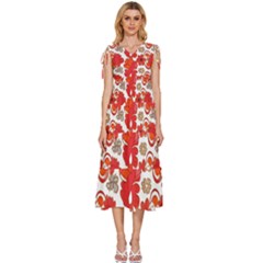 Mid Century Retro Floral 1970s 1960s Pattern 91 V-neck Drawstring Shoulder Sleeveless Maxi Dress