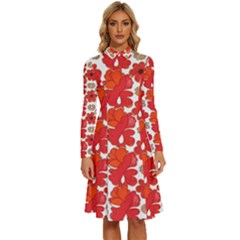 Mid Century Retro Floral 1970s 1960s Pattern 91 Long Sleeve Shirt Collar A-line Dress