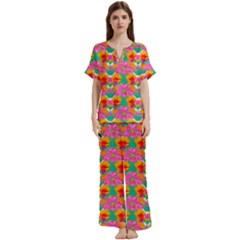 Retro 40s 50s Mexico Flowers Pattern Short Sleeve Long Pants Satin Pajamas Set