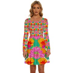 Retro 40s 50s Mexico Flowers Pattern Long Sleeve Wide Neck Velvet Dress