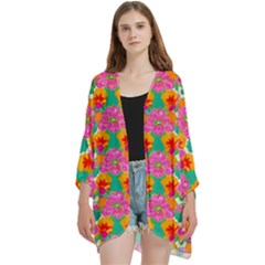 Retro 40s 50s Mexico Flowers Pattern Open Front 3/4 Sleeve Batwing Chiffon Cardigan Kimono