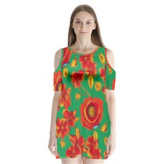 Mid Century Retro Floral 1970s 1960s Pattern 89 Shoulder Cutout Velvet One Piece