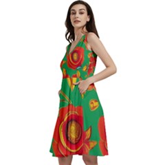 Mid Century Retro Floral 1970s 1960s Pattern 89 Sleeveless V-neck Skater Dress With Pockets