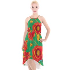 Mid Century Retro Floral 1970s 1960s Pattern 89 High-low Halter Chiffon Dress 