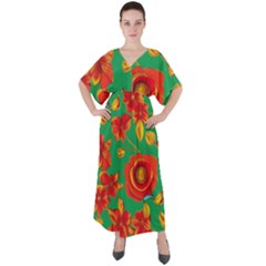 Mid Century Retro Floral 1970s 1960s Pattern 89 V-neck Boho Style Maxi Dress
