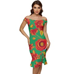 Mid Century Retro Floral 1970s 1960s Pattern 89 Off Shoulder Ruffle Split Hem Bodycon Dress