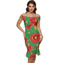 Mid Century Retro Floral 1970s 1960s Pattern 89 Off Shoulder Ruffle Split Hem Bodycon Dress View1