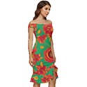 Mid Century Retro Floral 1970s 1960s Pattern 89 Off Shoulder Ruffle Split Hem Bodycon Dress View3