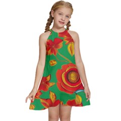 Mid Century Retro Floral 1970s 1960s Pattern 89 Kids  Halter Collar Waist Tie Chiffon Dress
