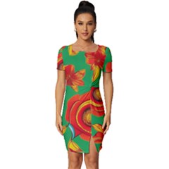 Mid Century Retro Floral 1970s 1960s Pattern 89 Fitted Knot Split End Bodycon Dress