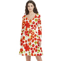 Mid Century Retro Floral 1970s 1960s Pattern 92 Long Sleeve V-neck Skater Dress With Pockets