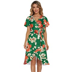 Mid Century Retro Floral 1970s 1960s Pattern 94 Women s Kimono Wrap Satin Dress
