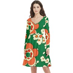 Mid Century Retro Floral 1970s 1960s Pattern 94 Long Sleeve V-neck Skater Dress With Pockets