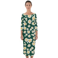 Mid Century Retro Floral 1970s 1960s Pattern 93 Quarter Sleeve Midi Bodycon Dress