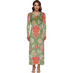 Retro 40s 50s Mexico Flowers Pattern 3 Long Sleeve Longline Maxi Dress