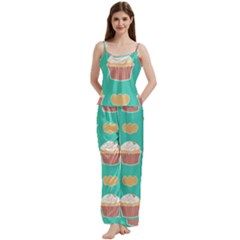 Retro 40s 50s Cupcake Pattern 3 Spaghetti Top Long Pants Satin Pajamas Set