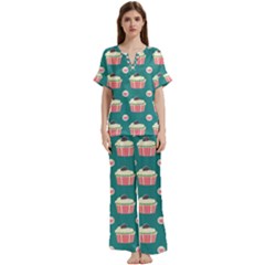 Retro 40s 50s Cupcake Pattern 2 Short Sleeve Long Pants Satin Pajamas Set