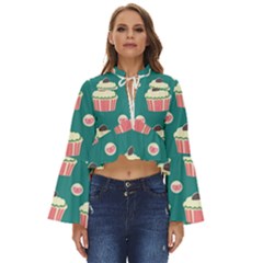 Retro 40s 50s Cupcake Pattern 2 Boho Long Bell Sleeve Top