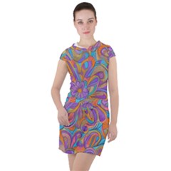 Mid Century Retro Floral 1970s 1960s Pattern 75 Drawstring Hooded Dress