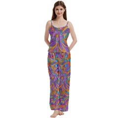 Mid Century Retro Floral 1970s 1960s Pattern 75 Spaghetti Top Long Pants Satin Pajamas Set
