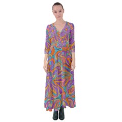 Mid Century Retro Floral 1970s 1960s Pattern 75 Button Up Maxi Dress