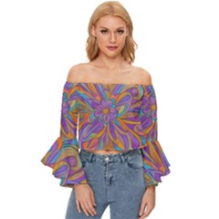 Mid Century Retro Floral 1970s 1960s Pattern 75 Off Shoulder Flutter Bell Sleeve Top