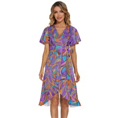 Mid Century Retro Floral 1970s 1960s Pattern 75 Women s Kimono Wrap Satin Dress