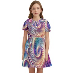 Abstract Fractal Art Swirl Pattern Kids  Bow Tie Puff Sleeve Dress