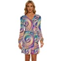Abstract Fractal Art Swirl Pattern Long Sleeve Waist Tie Ruffle Velvet Dress View1