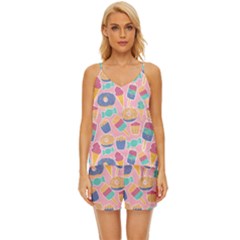Ice Cream Donut Sweets Candie V-neck Satin Pajamas Set