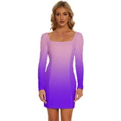 Cotton Candy Pink To Indigo Violet Linear Gradient Long Sleeve Square Neck Bodycon Velvet Dress