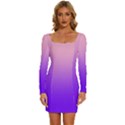 Cotton Candy Pink To Indigo Violet Linear Gradient Long Sleeve Square Neck Bodycon Velvet Dress View1