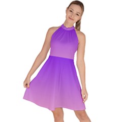 Indigo Violet To Cotton Candy Pink Linear Gradient Sleeveless Halter Neck A-line Dress
