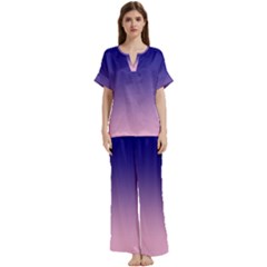 Navy Blue To Cotton Candy Pink Linear Gradient Short Sleeve Long Pants Satin Pajamas Set