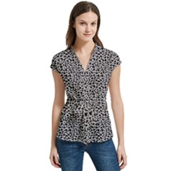 Giraffe Pattern (2) Women s Cap Sleeve Mandarin Collar Waist Tie Blouse