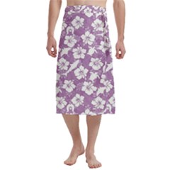 White Hibiscus Flowers With Dhari, Shark, Turtle, And Stingray (purple) On Traditional Men s Hawaiian Lavalava 