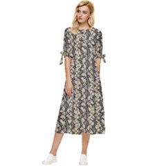 Beige Snake Pattern Bow Sleeve Chiffon Midi Dress