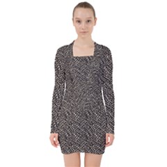 Brown Snake Pattern V-neck Bodycon Long Sleeve Dress