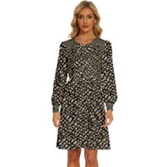 Brown Snake Pattern Women s Round Neck Long Sleeve Bow Deco Dress
